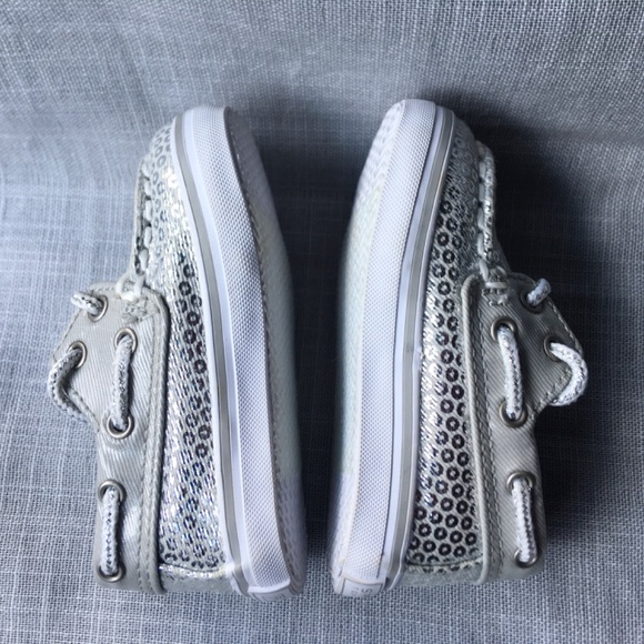 SPERRY TOP-SIDER BAHAMA CRIB SILVER SEQUIN BOAT SHOE BABY GIRLS SIZE 1 - Picture 9 of 12